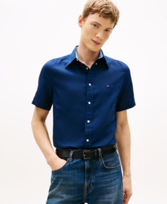 Men's Short-Sleeve Pigment-Dyed 100% Linen Button-Front Shirt