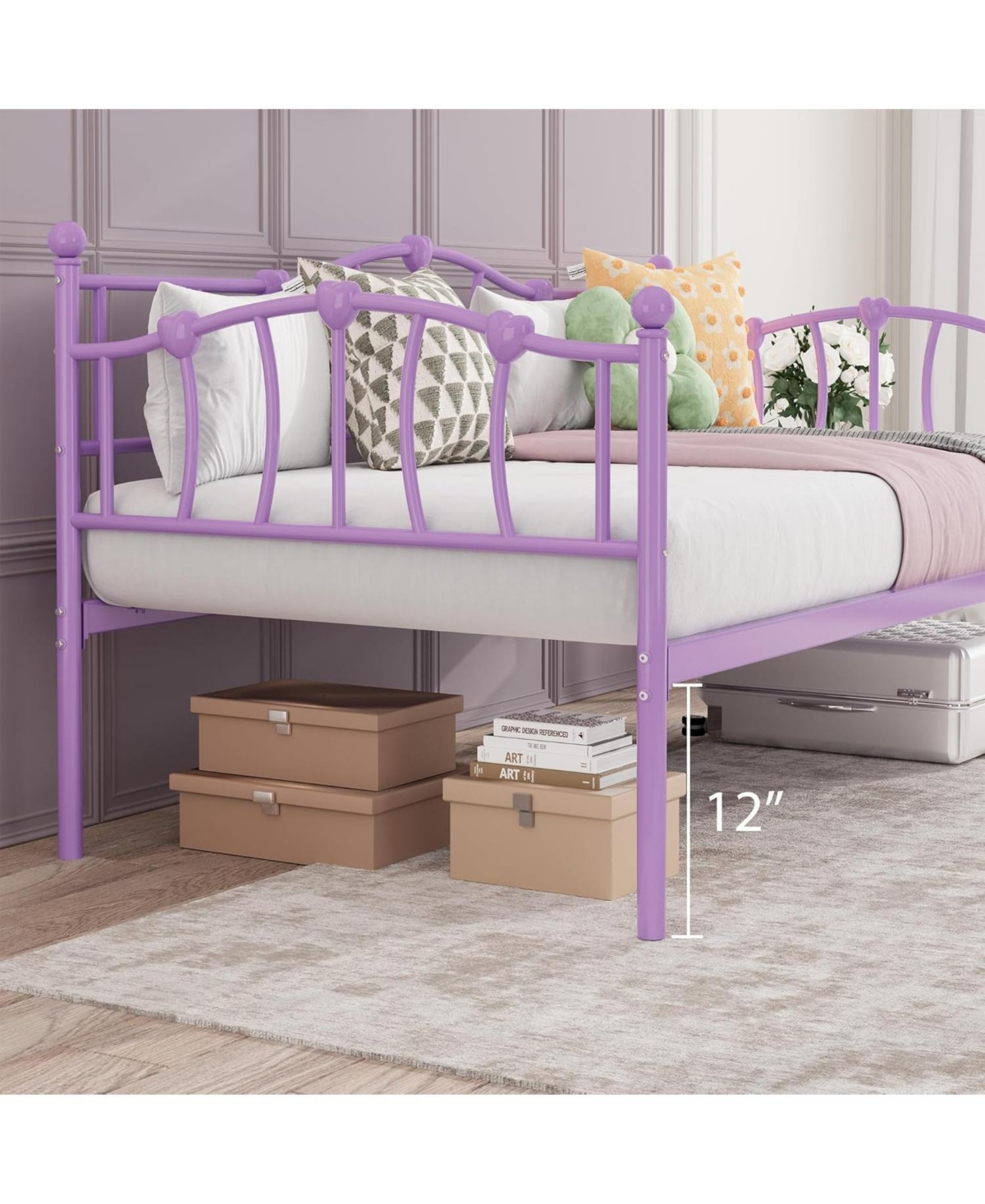 Twin Size Daybed Frame, Metal Platform Sofa Bed with Stylish Headboard, Heavy Duty Steel Slat Support