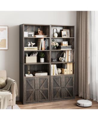 Industrial Bookcase with Doors – 6-Shelf Farmhouse Wooden Bookshelf, 11.8" Deep Display Storage Shelves for Bedroom, Living Room