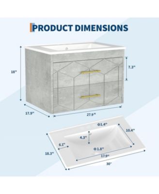 30" Bathroom Vanity with Sink Combo Floating Bathroom Vanity with Ceramic Basin 2 Large Drawers with Gold Handle Soft-Close Design