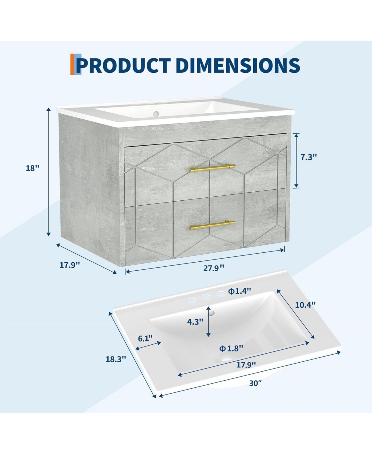 gaomon 30" Bathroom Vanity with Sink Combo Floating Bathroom Vanity with Ceramic Basin 2 Large Drawers with Gold Handle Soft-Close Design