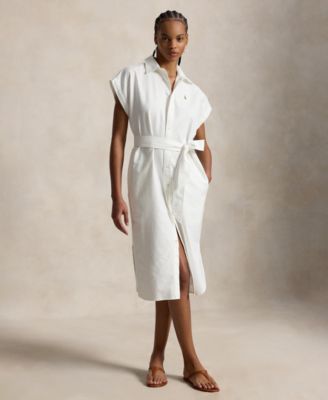 Women's Point Collar Cap-Sleeve Belted Shirt Dress