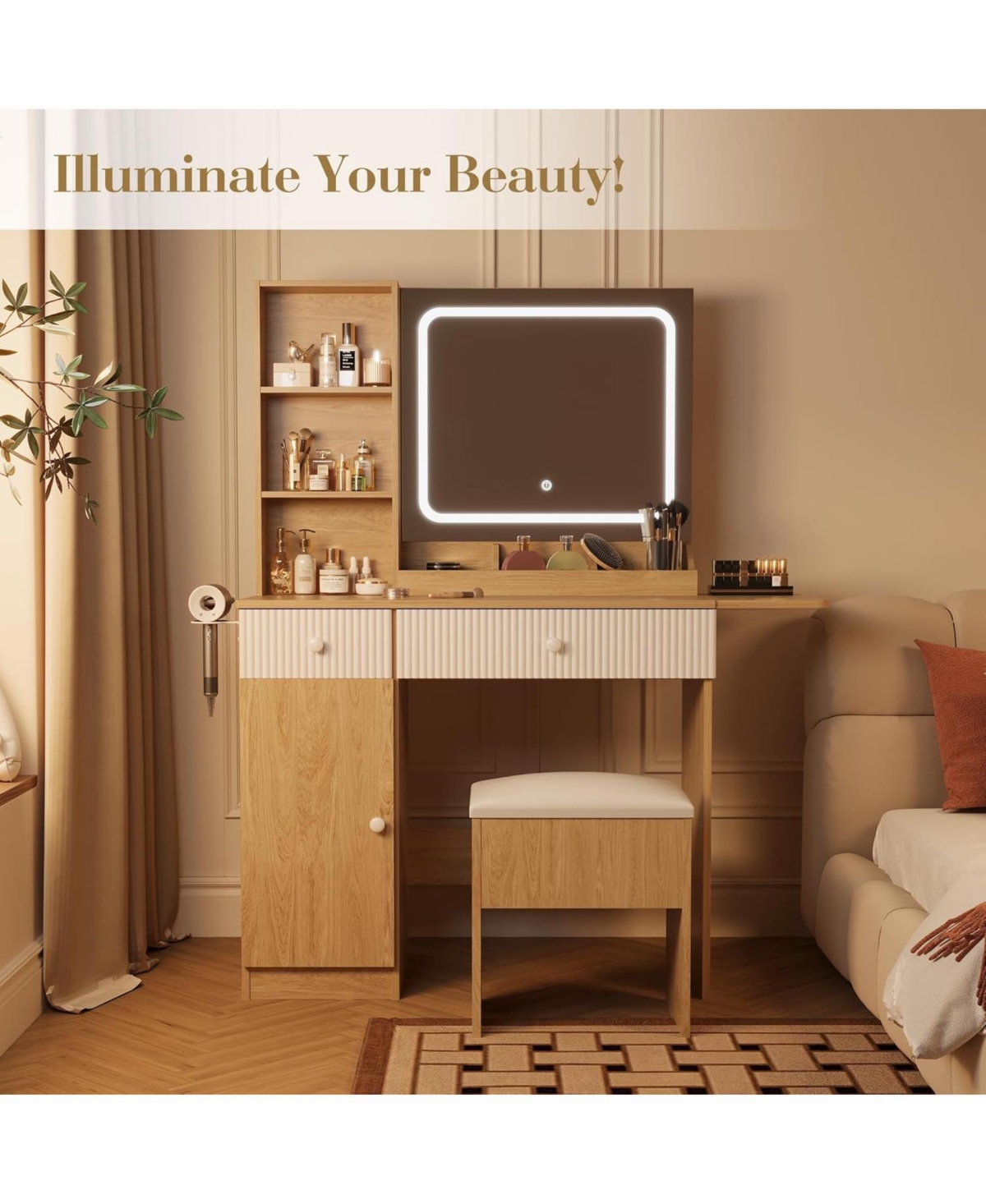 gaomon Makeup Vanity with Lighted Mirror - Vanity Desk with Power Strip/Adjustable Lighting/Drawers and Cushioned Stool