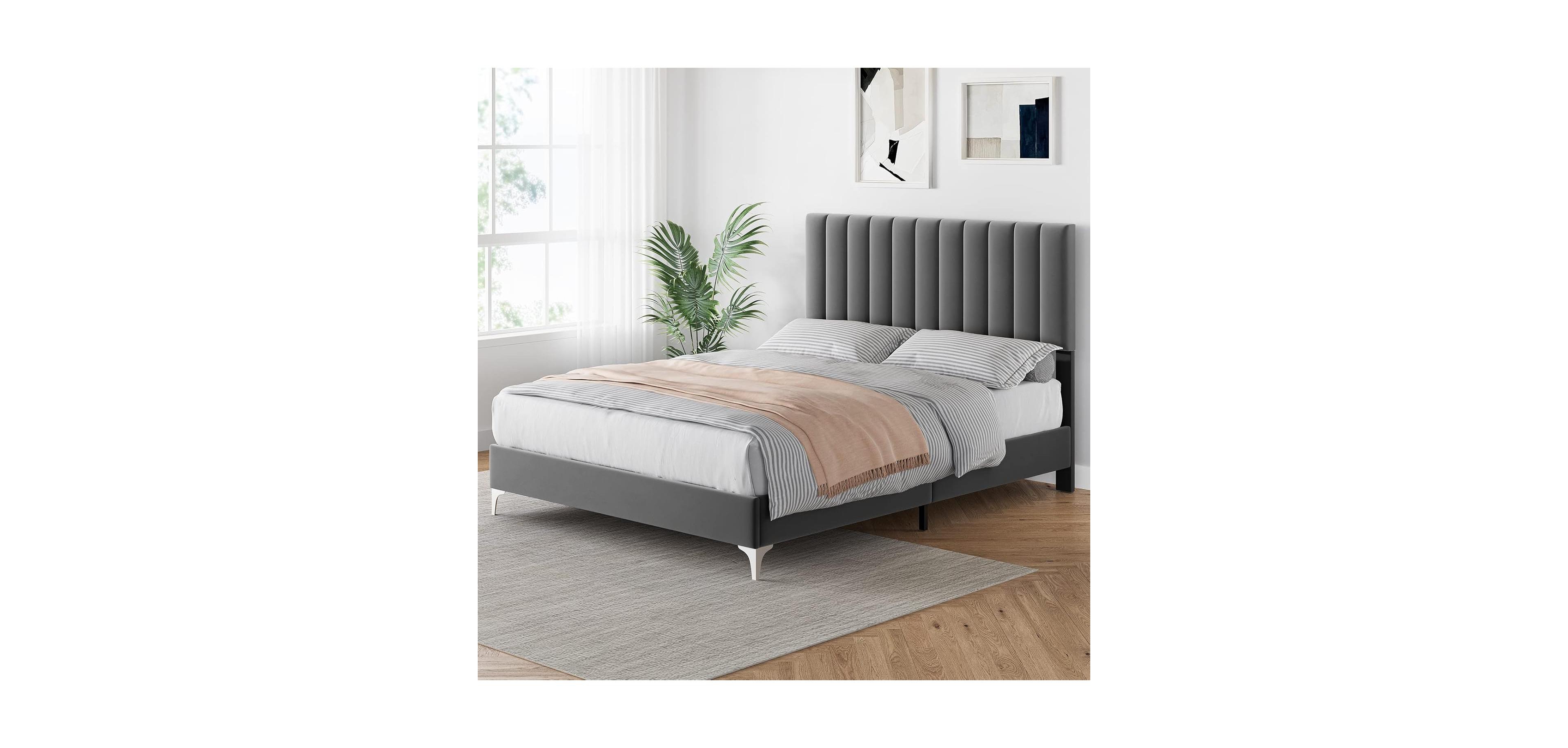 gaomon Size Fabric Upholstered Headboard Bed Frame, Adjustable Headboard and Wooden Slats Support with Under Space, Fully Upholstered Mattress