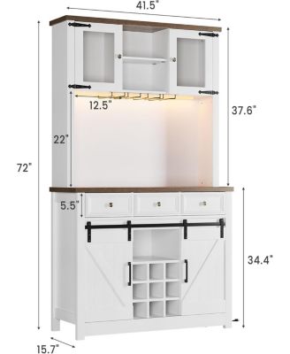 72" modern farmhouse coffee bar cabinet with LED lights, power outlets, sliding barn doors, wine storage, and ample space in rustic
