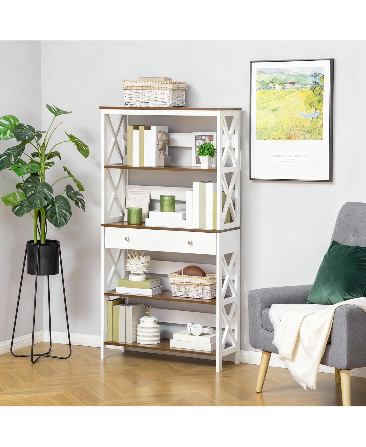 Yigii 4-Tier Walnut & White Bookshelf with Drawer and Stability