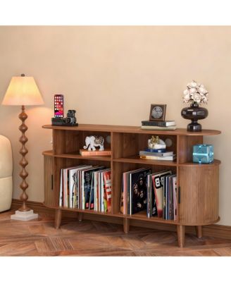 Mid-Century Modern Record Cabinet with Charging Station & Storage
