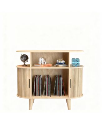 Mid-Century Modern Record Cabinet with Charging Station & Storage