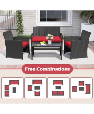 Set of 8 Patio Conversation Set w/Seat Cushions & Tempered Glass Tabletop Porch Outdoor