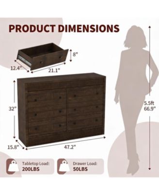 6 Drawer Dresser for Bedroom, 47" Wide Wooden Chest of Drawers, Fluted Storage Organizer for Living Room