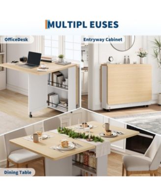 Space Saving Folding Dining Table with Storage - Kitchen Table with 6 Wheels Drawer and Shelves Compact Dining Table for Small Spaces