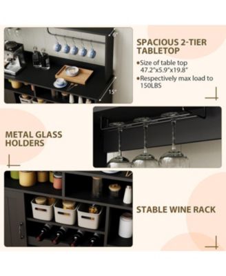 47" Farmhouse Coffee Bar Cabinet with Charging Station &Wine Racks Rustic Wood Kitchen Buffet Cabinet Wine Bar Table