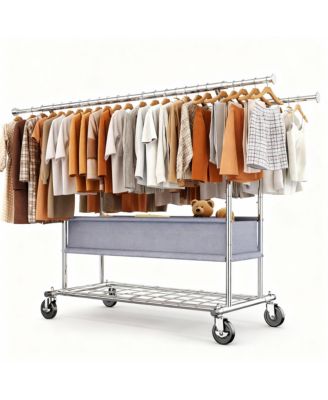 Adjustable 3-in-1 Metal Garment Rack with Storage Basket and Wheels