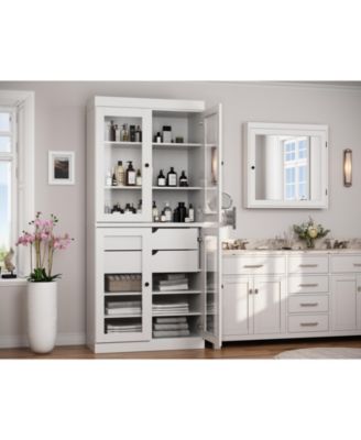 100% Solid Wood 32" Bathroom Storage Cabinet with Clear Glass Doors, 2-Drawers & Adjustable Shelves