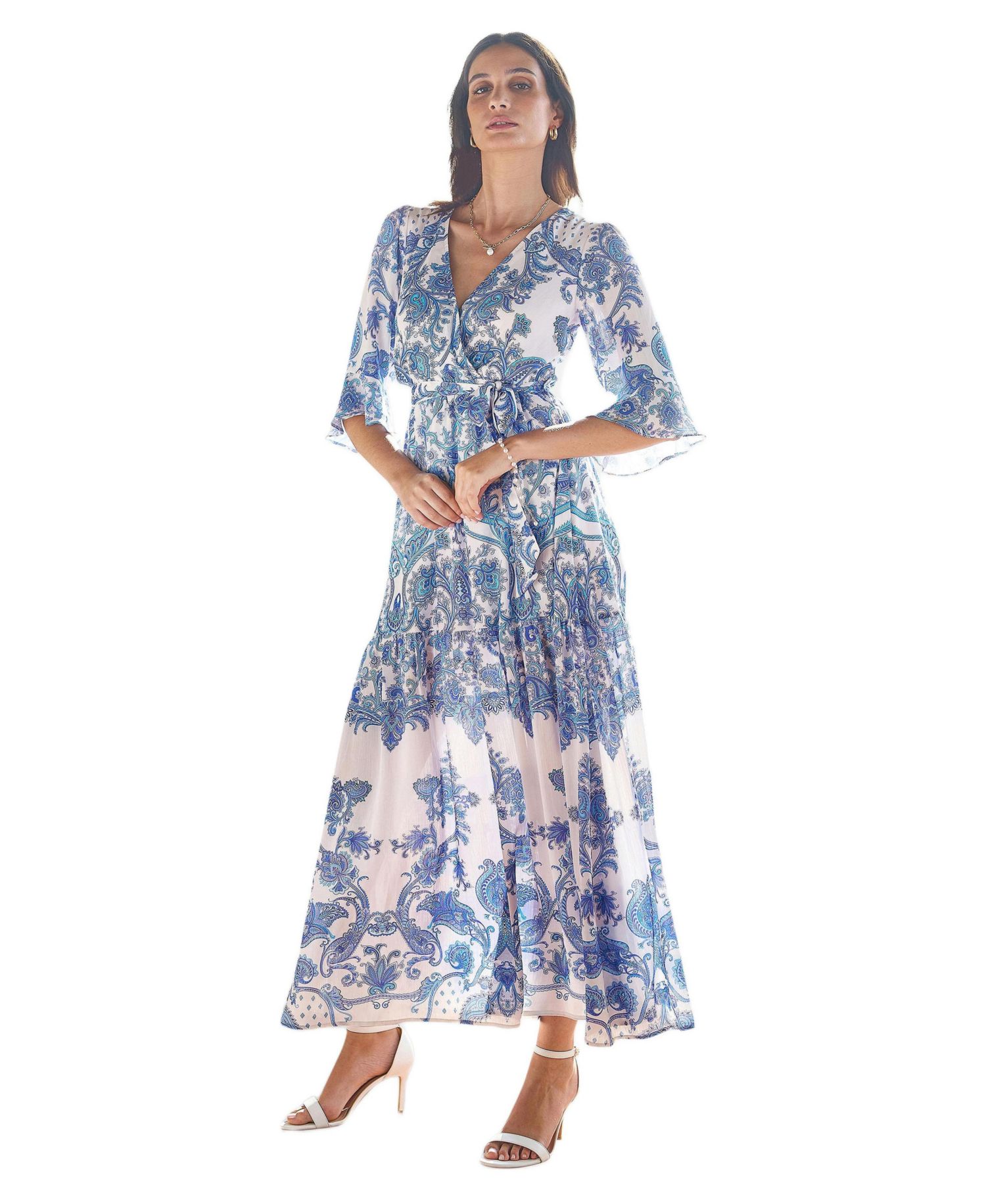 Women's 3/4 Sleeves Paisley Wrap Midi Dress