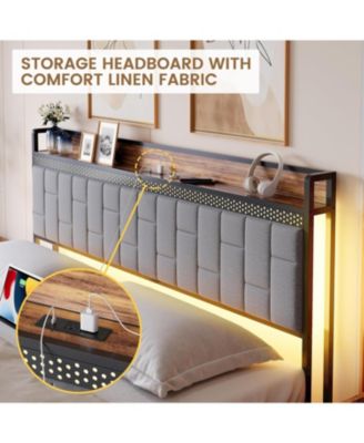 Bed Frame, LED Upholstered Platform Bed Frame with Charging Station, Storage Headboard, Strong Metal Slats Support, Noise Free, No Box