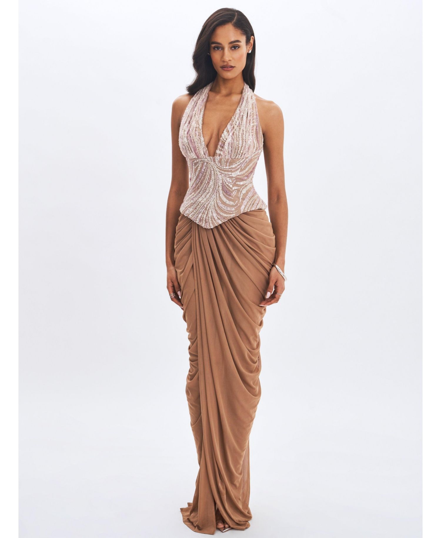 Women's Nancie Apricot Beaded Halter Peplum Pleated Maxi Dress