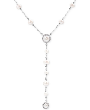 image of Arabella Cultured Freshwater Pearl (4-8mm) and Swarovski Zirconia Lariat Necklace in Sterling Silver