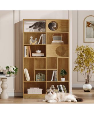 2 IN 1 Wood Bookshelf Cat House for Cat Lover, Cat Tree Display Case, 5 Tier Storage Shelves with Round Hollow Door for Study Room - Natural