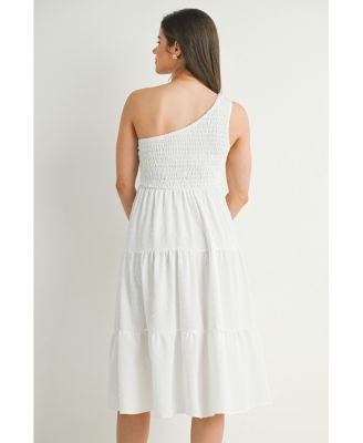 Maternity One-Shoulder Smocked Swiss Dot Midi Dress