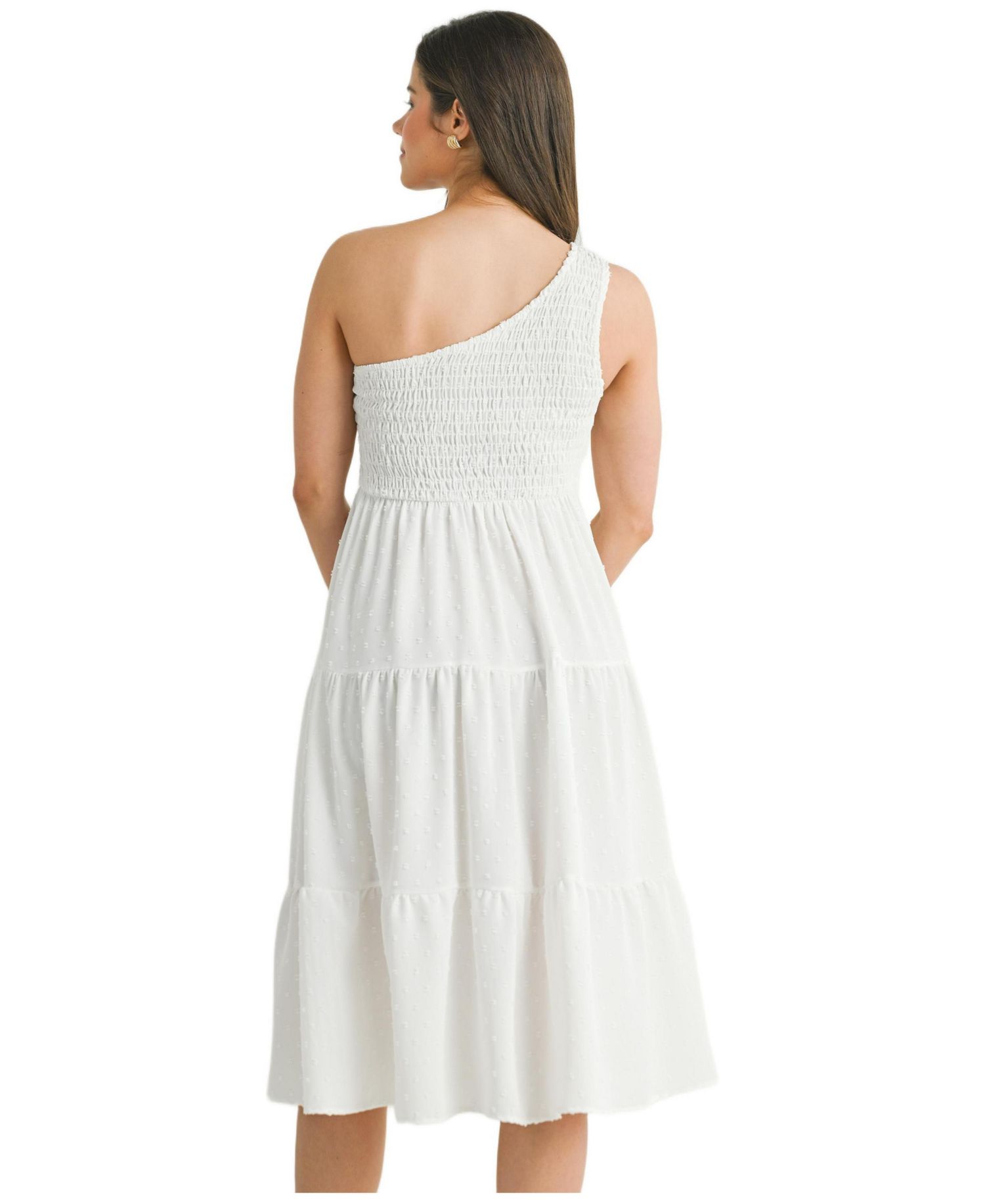 Women's One-Shoulder Smocked Swiss Dot Midi Dress