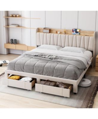 Bed Frame with Storage Headboard and Charging Station, Platform Bed Frame with Drawers, Heavy Duty, No Box Spring Needed, Easy Assembly