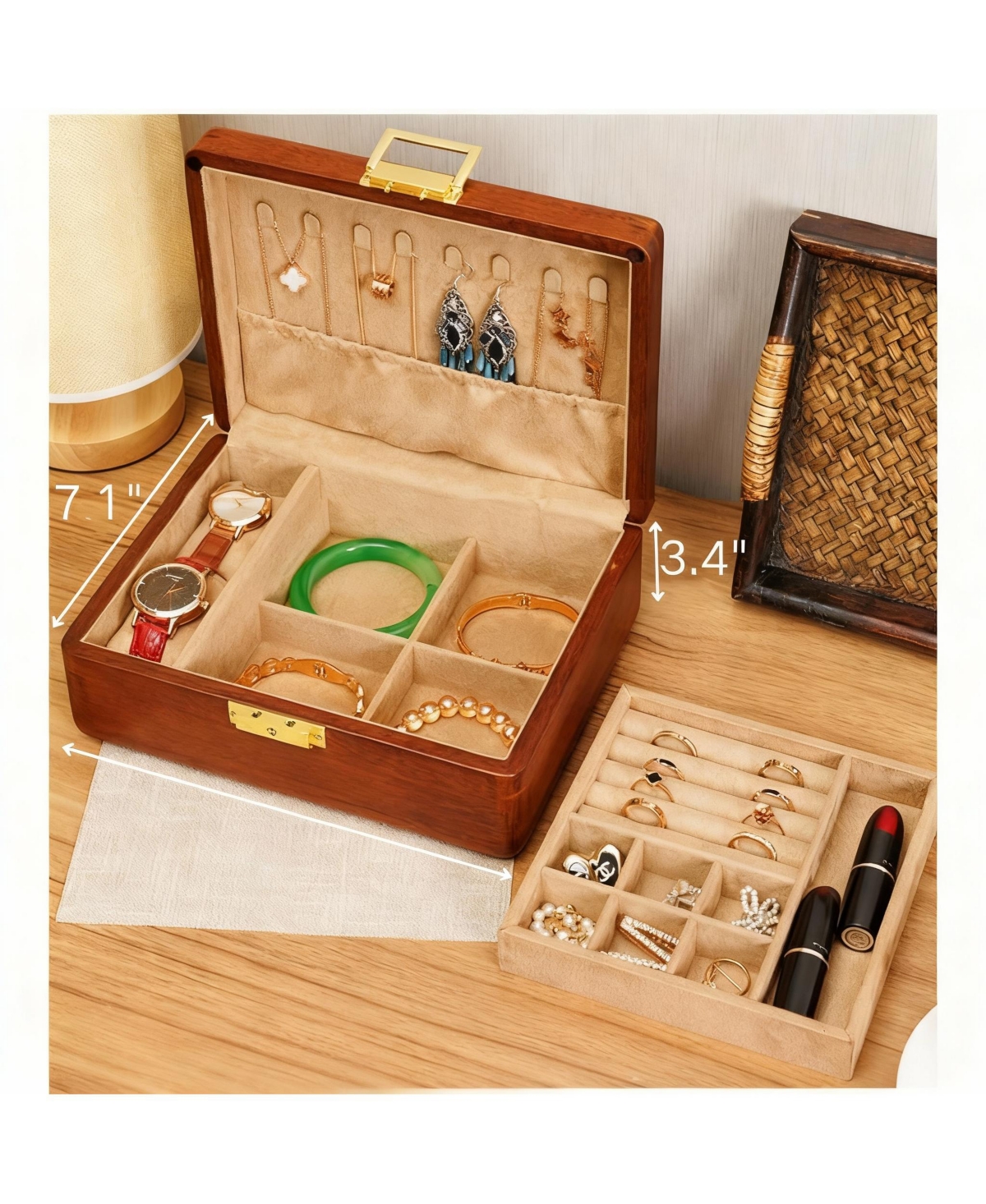Yigii Solid Wood Jewelry Box with Lock for Watches, Earrings, Rings, Necklaces