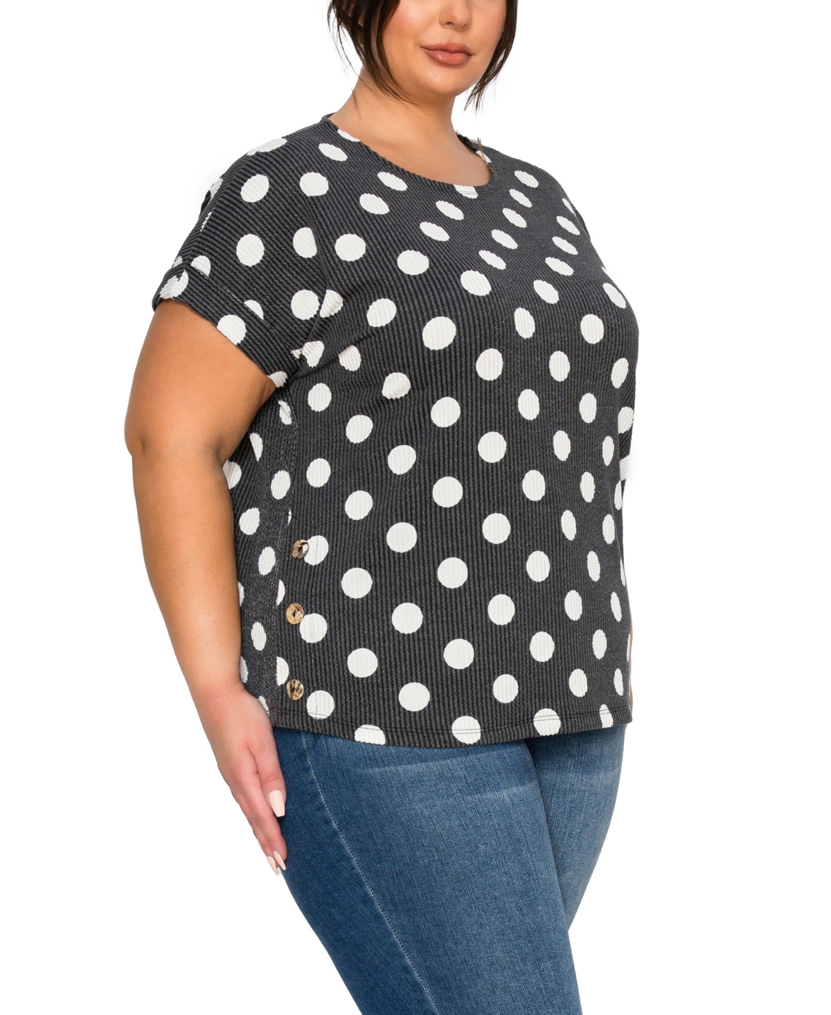 Coin 1804 Plus Polka Dot Double Knit Rolled Sleeve Side Button Top