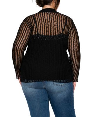 Plus Size Vertical Floral Stripe Lace Button-Front Shirt
