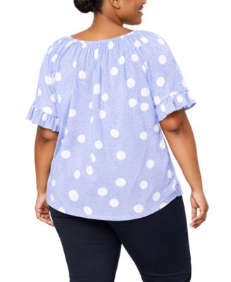 Plus Size Polka Dot Crinkle Knit Button-Front Ruffle Sleeve Top