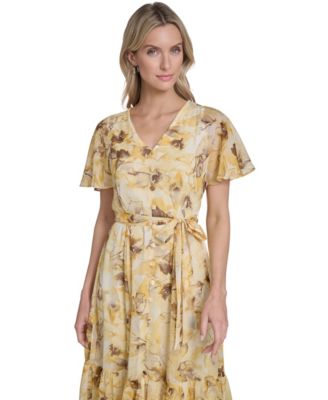 Women's Flutter-Sleeve Floral Print Midi Dress