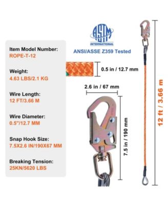 “1/2'' x 12' Steel Core Arborist Flipline with Snap Hook, Carabiner & Tool Lanyard—Durable Tree Climbing Flip Line.”