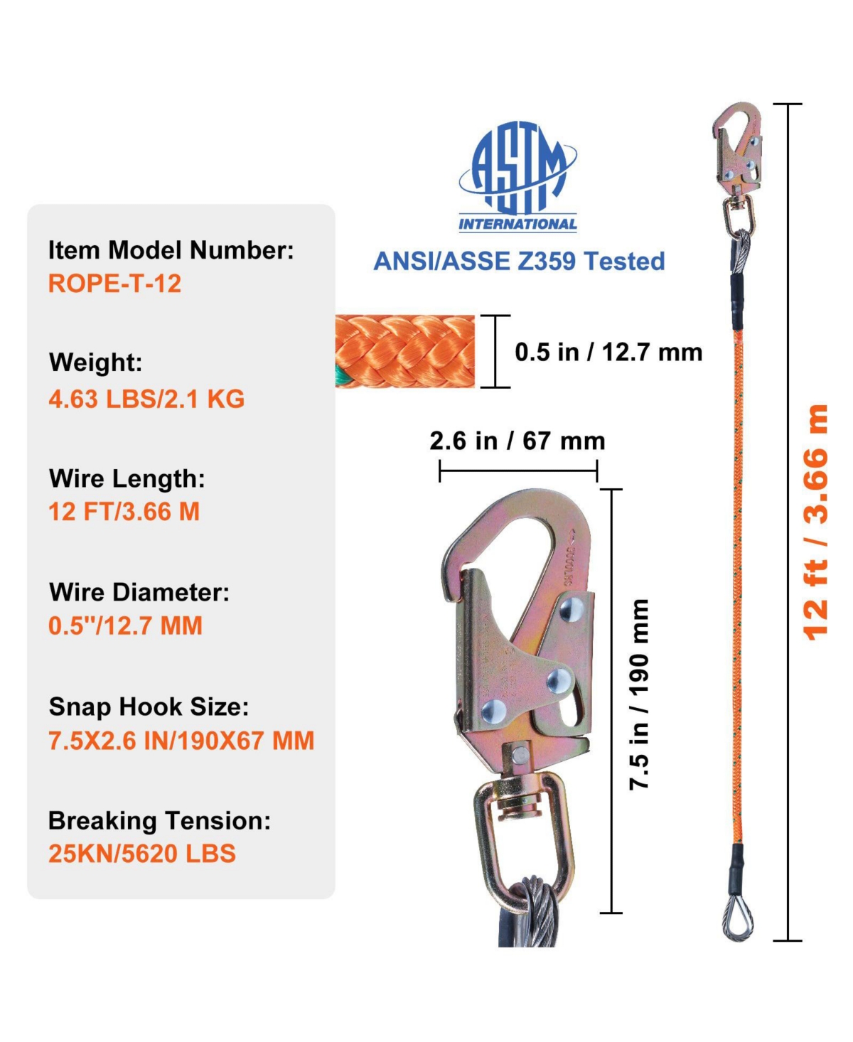 “Mecale 1/2'' x 12' Steel Core Arborist Flipline with Snap Hook, Carabiner & Tool Lanyard—Durable Tree Climbing Flip Line.”