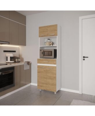Tall Kitchen Storage Cabinet with Doors, Drawer and Open Microwave Shelf