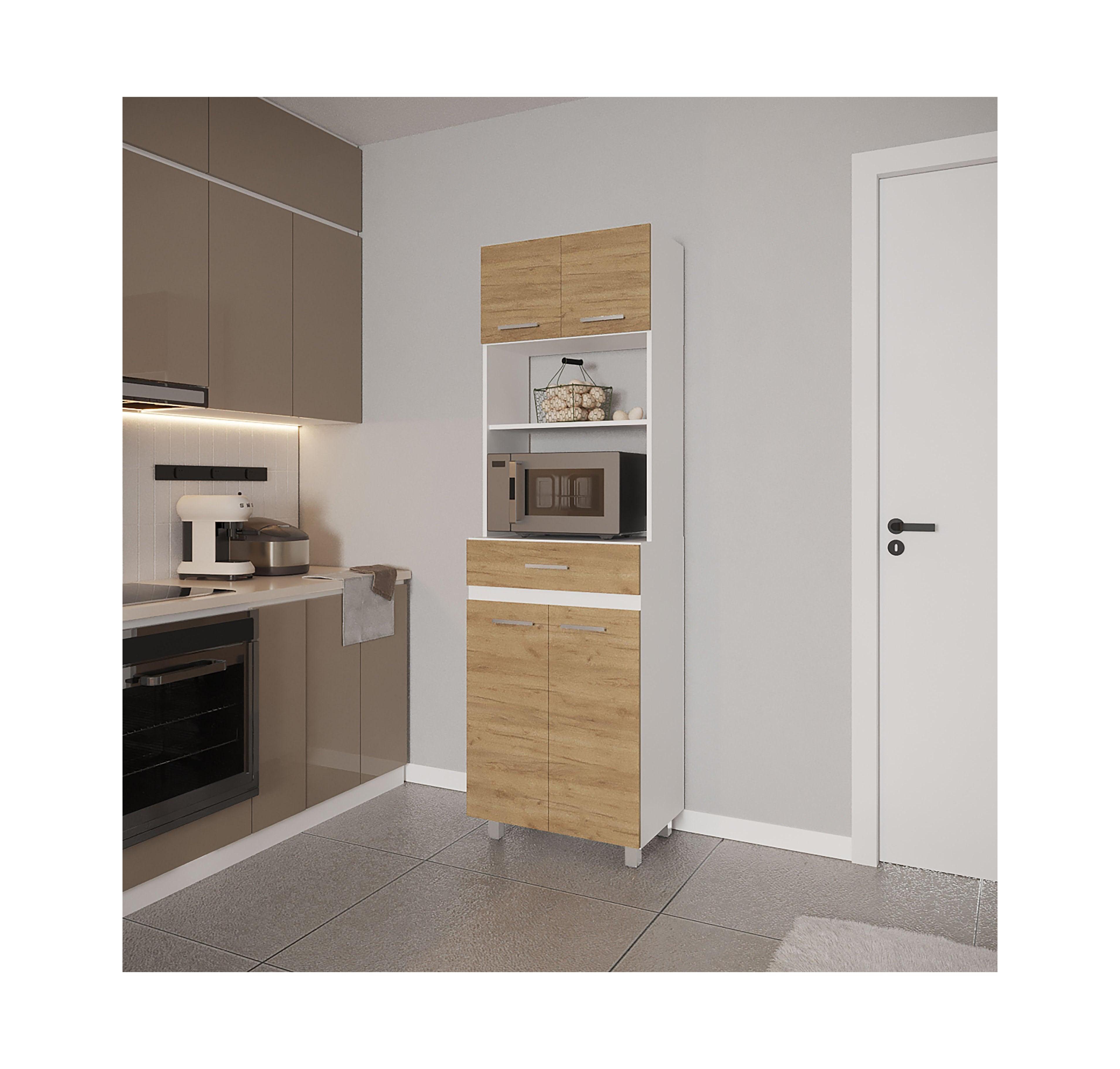 Fm Furniture Tall Kitchen Storage Cabinet with Doors, Drawer and Open Microwave Shelf