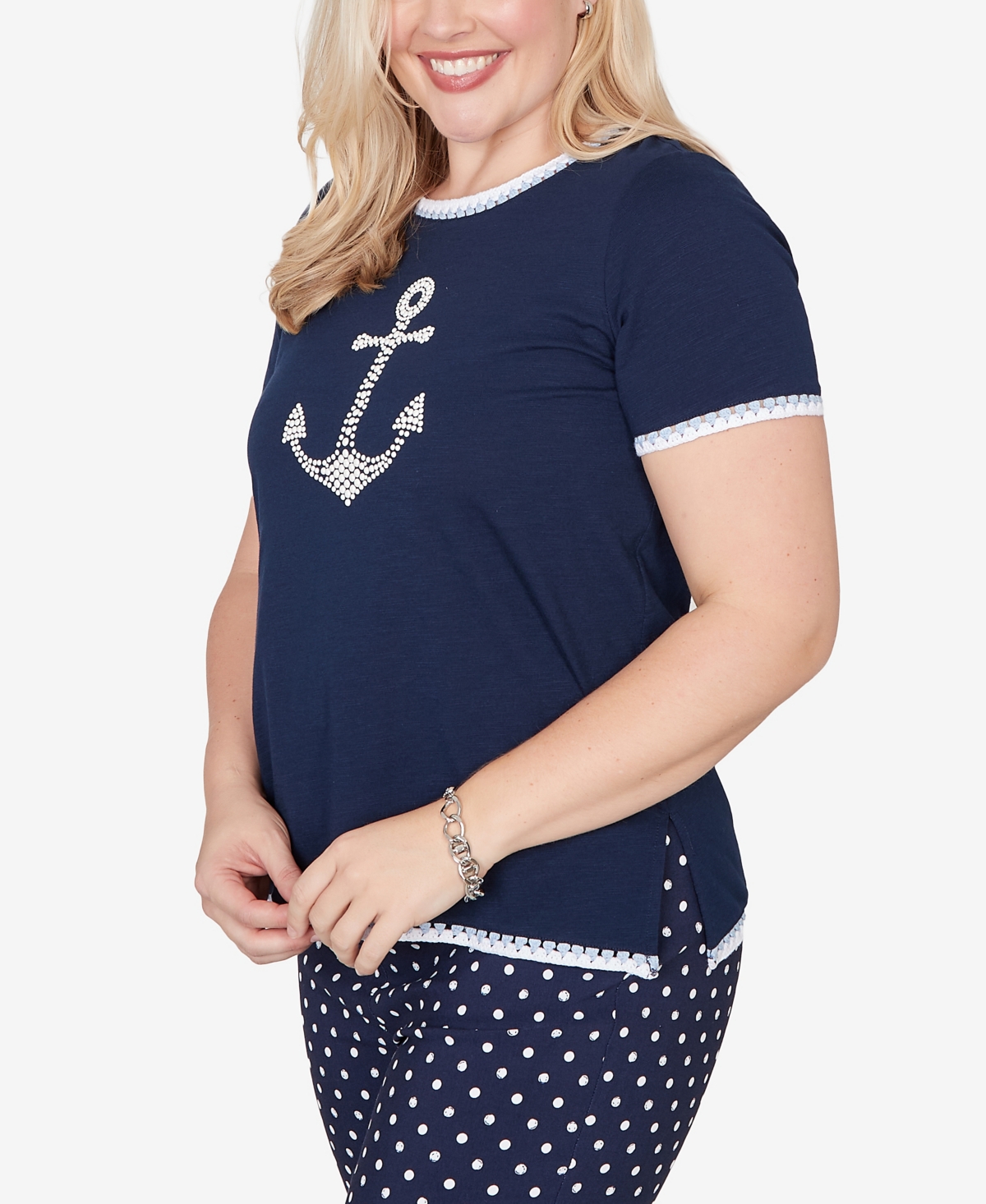 Alfred Dunner Petite Port Side Pearl Anchor Graphic T-shirt