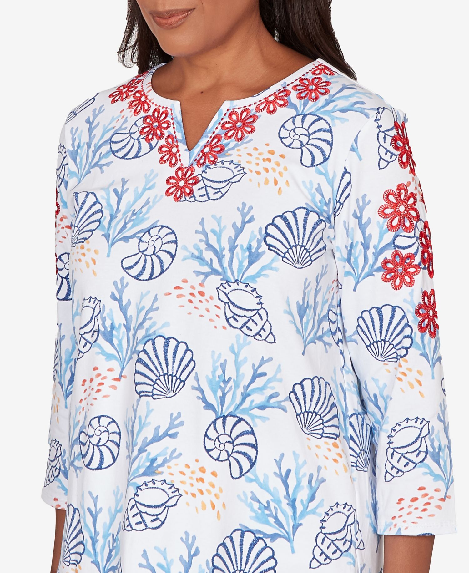 Petite Port Side Shell Print Embroidered Top