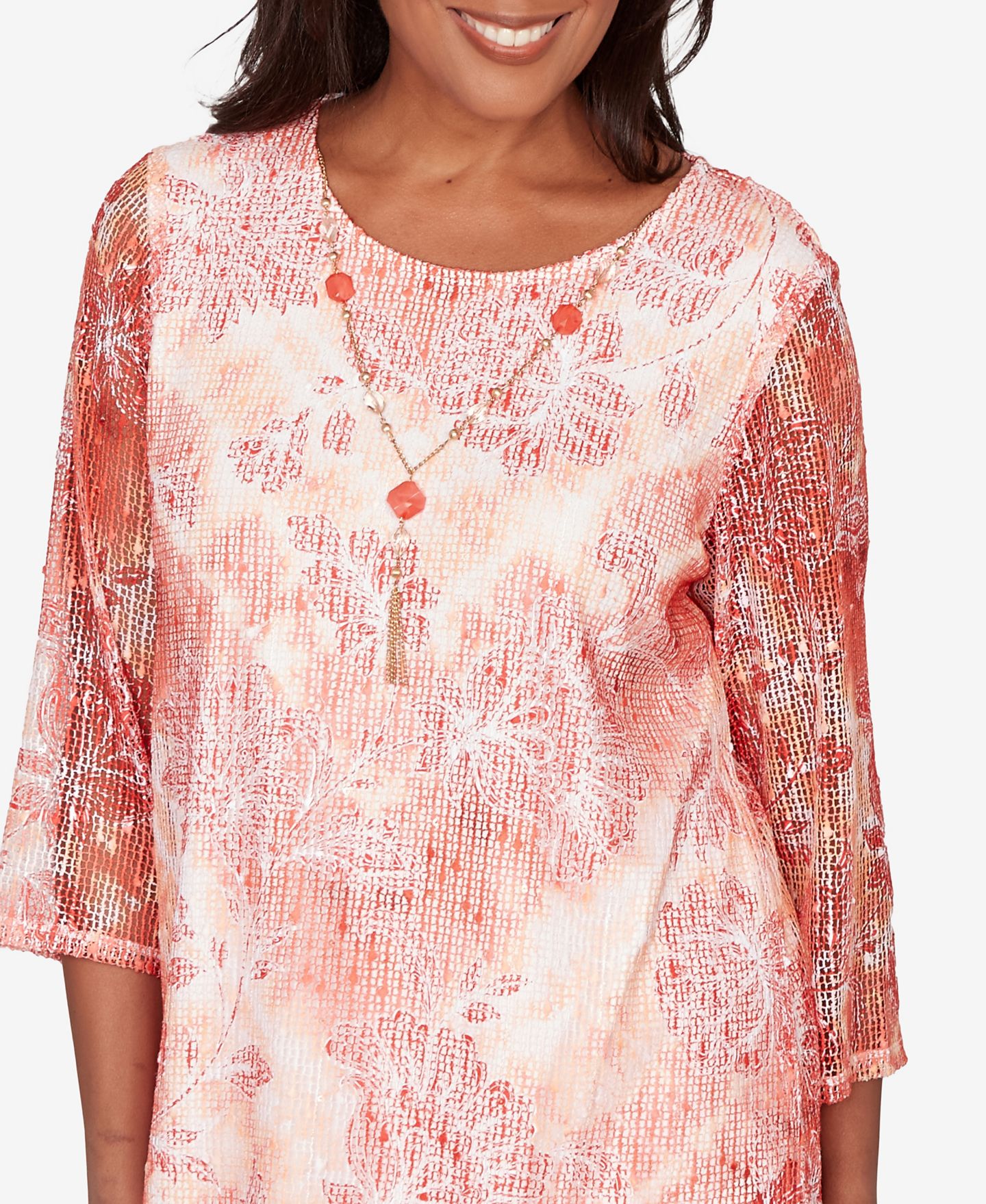 Женский топ Alfred Dunner Petite Resort Living Batik Tie Dye Chevron Crew Neck, цвет: Оранжевый — фото 2