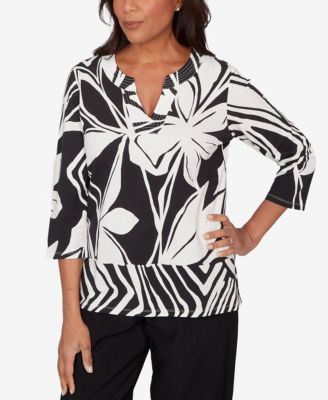 Petite Crowd Pleaser Dramatic Abstract Floral Split Neck Top