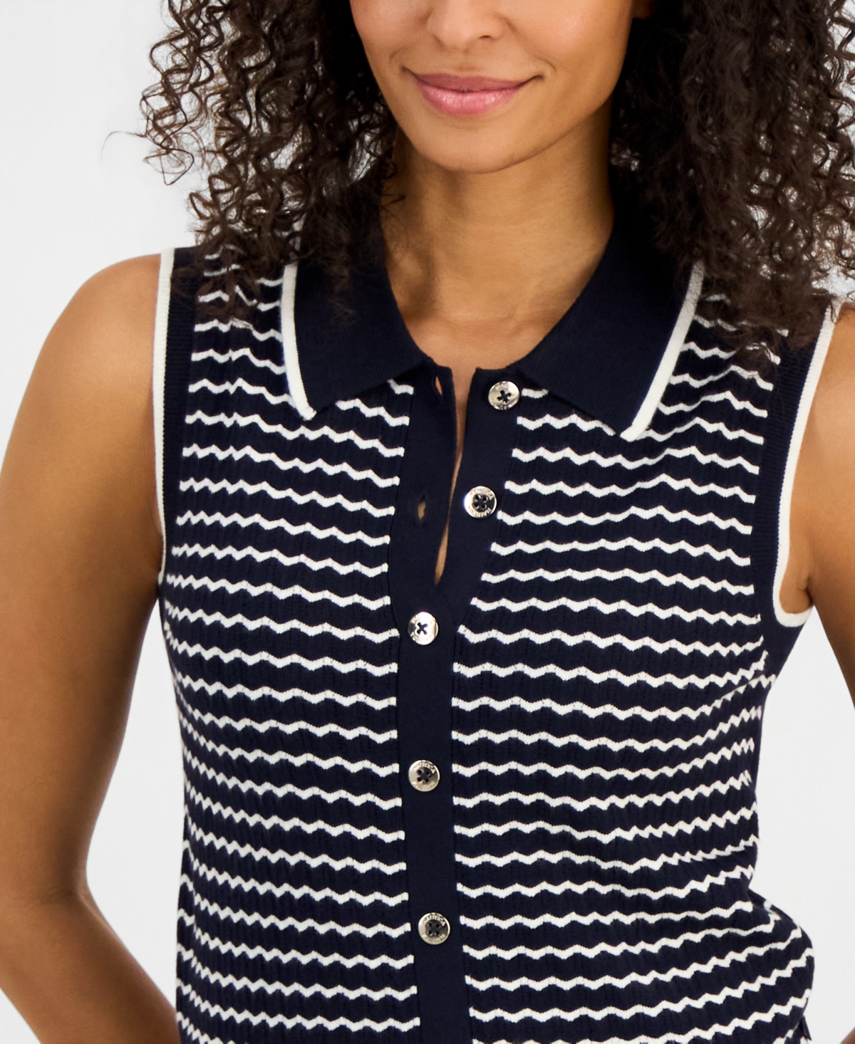 Nautica Women's Striped Sleeveless Pointelle Polo Sweater