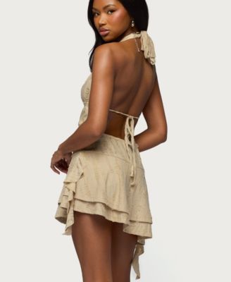 Women's Shredded Backless Halter Mini Dress