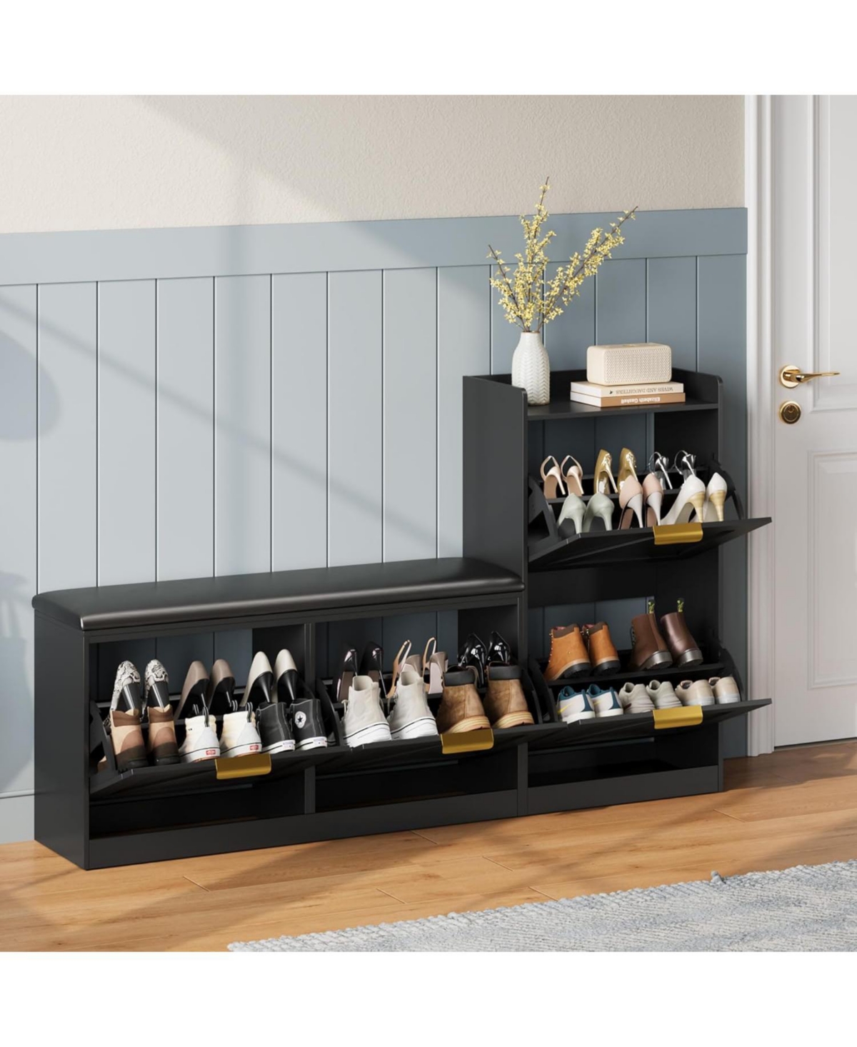 gaomon Farmhouse Shoe Cabinet with Bench, 4 Flip Drawers, Comfortable Cushioned Seat, Entryway Shoe Storage Organizer