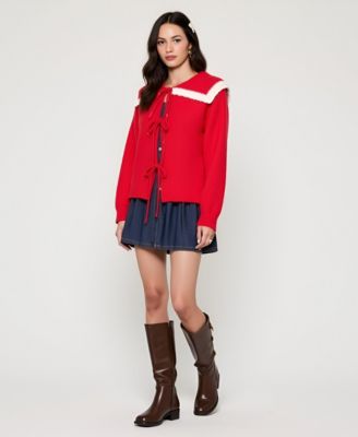 Women's Ruffle Collar Tie-Front Knit Sweater