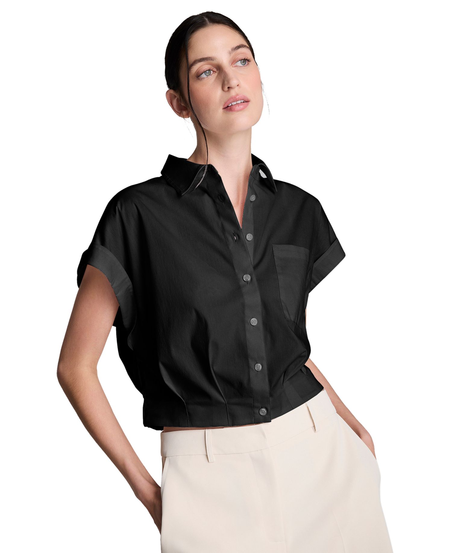 Women's Short-Sleeve Button-Front Collared Cropped Shirt