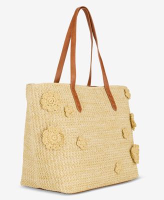 Stud Floral Applique Straw Large Tote