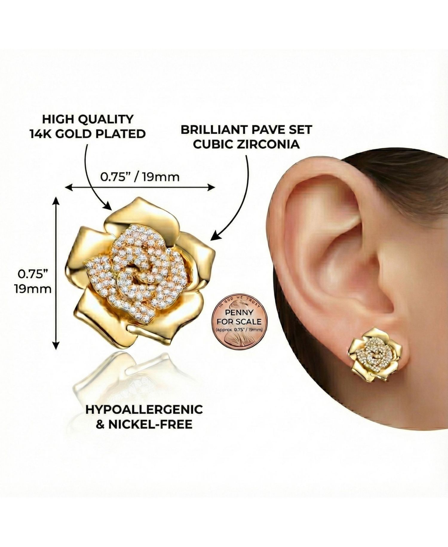 14K Gold Plated CZ Big Heavy Flower Statement Earrings