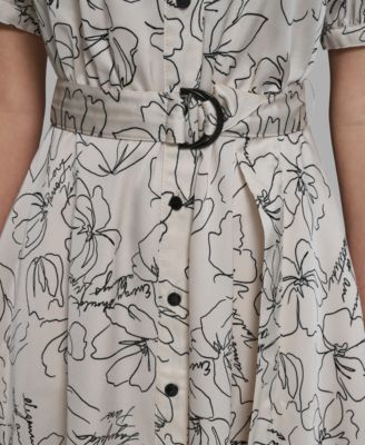 Women's Printed Puff-Sleeve Tie-Waist Belt Midi Dress