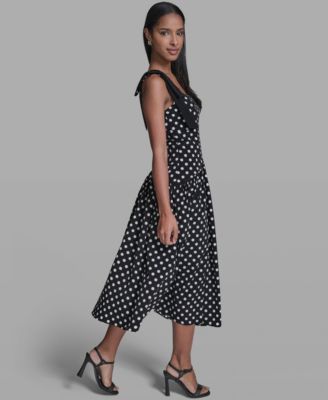 Women's Sleeveless Polka Dot Bow Strap Midi Dress