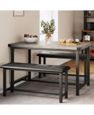 “3 Piece Retro Gray Dining Table Set with Rectangular Table & 2 Upholstered Benches for 4.”
