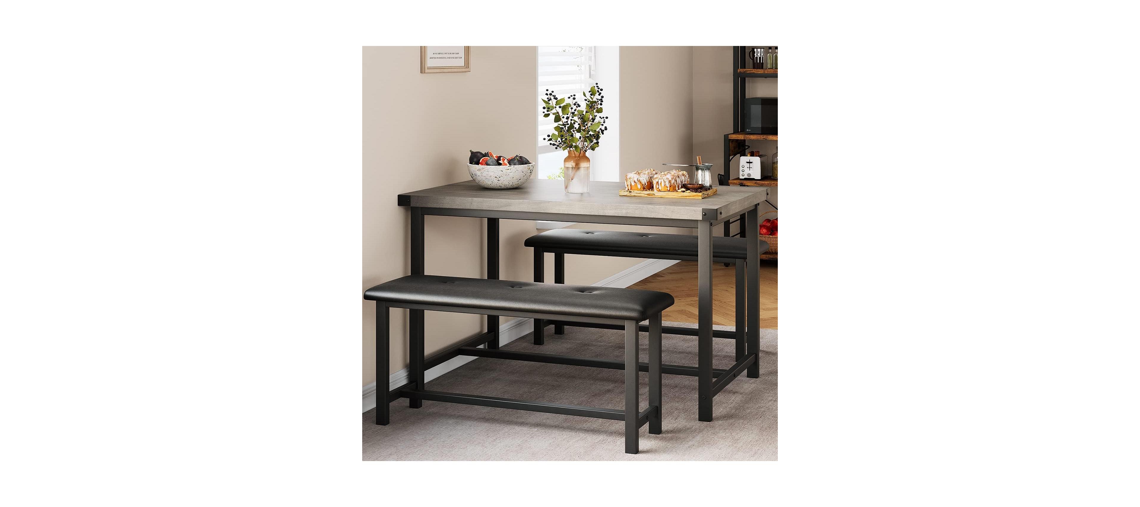 gaomon “3 Piece Retro Gray Dining Table Set with Rectangular Table & 2 Upholstered Benches for 4.”